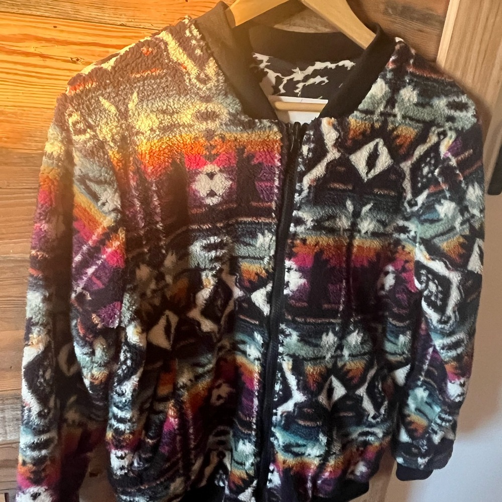 NWT Colorful Reversible Crazy Train Patterned Fleece Jacket